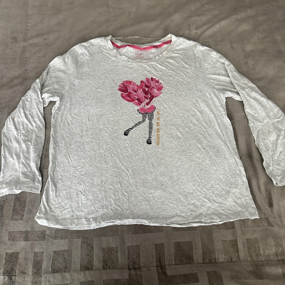 HUE Pajama Top Womens XL Gray Pink Long Sleeve Heart Graphic Love Sleep Lounge